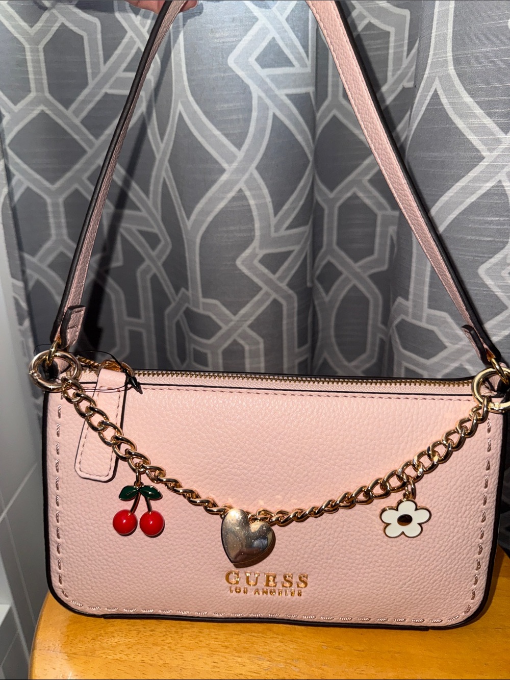 GUESS Pink Shoulder Bag with Gold Charm Chain
